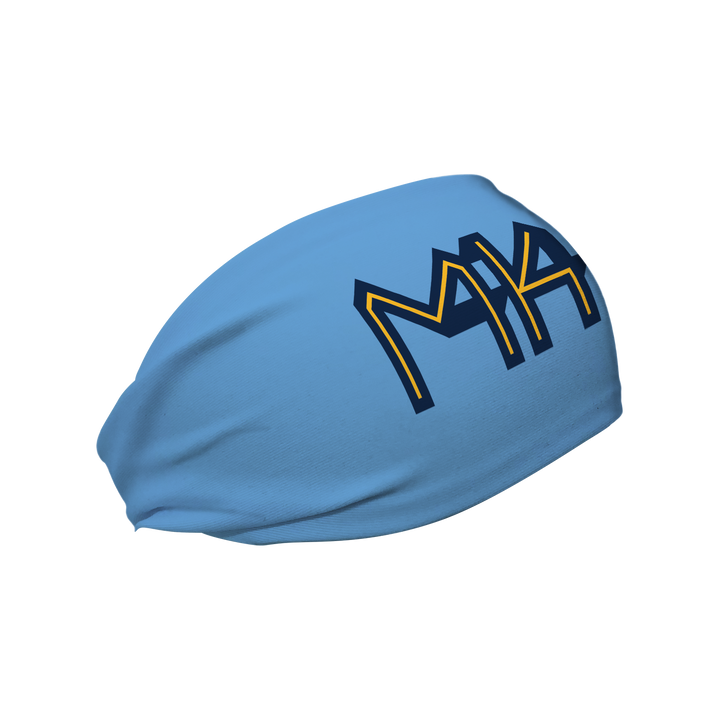 Side  view of MLB Milwaukee Brewers city connect light blue headband with cap logo. Made in USA, Vertical Athletics brand.