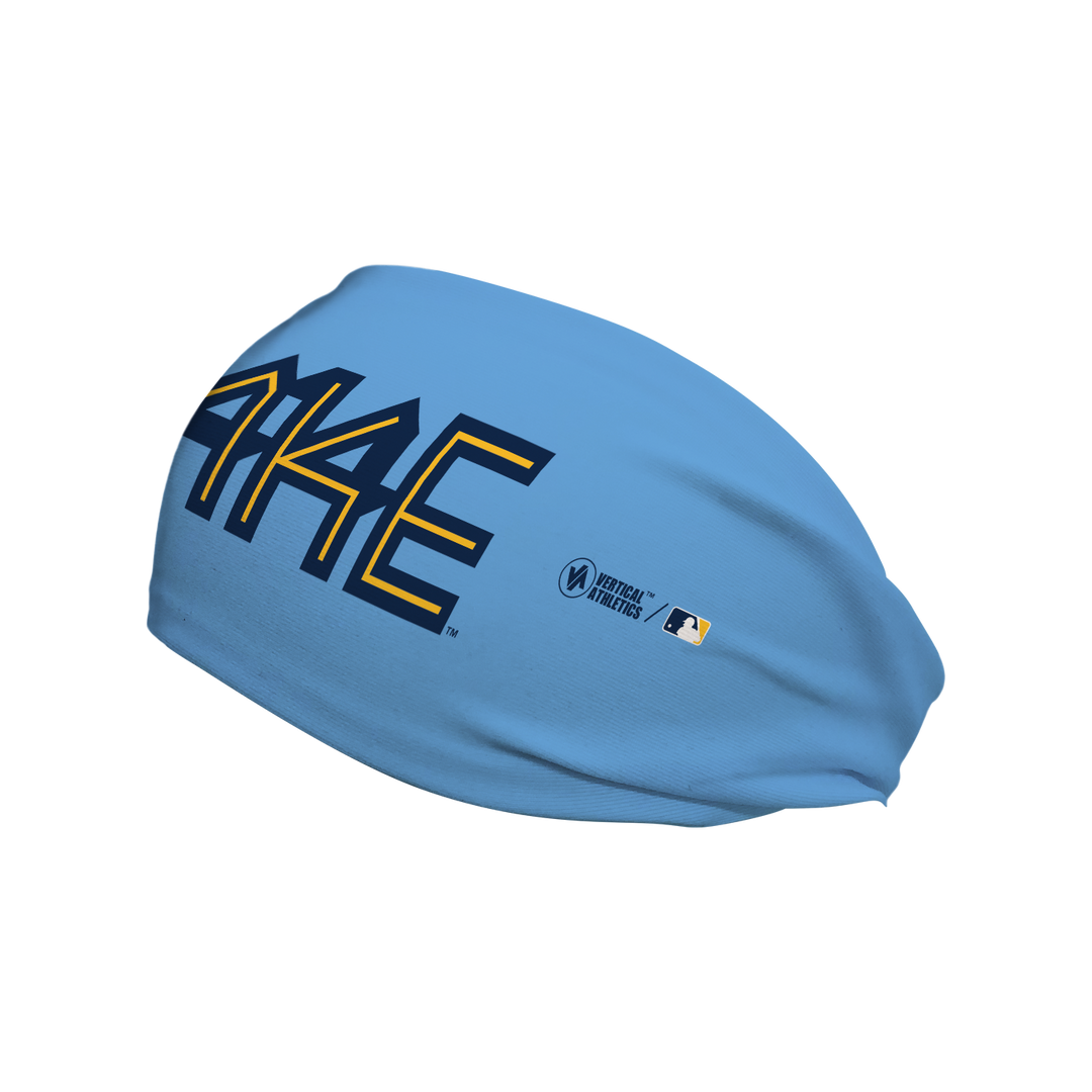 Side  view of MLB Milwaukee Brewers city connect light blue headband with cap logo. Made in USA, Vertical Athletics brand. 