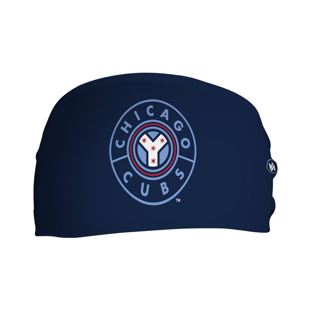 Front view of MLB Chicago Cubs  Navy headband with City Connect alt logo. Made in USA, Vertical Athletics brand.