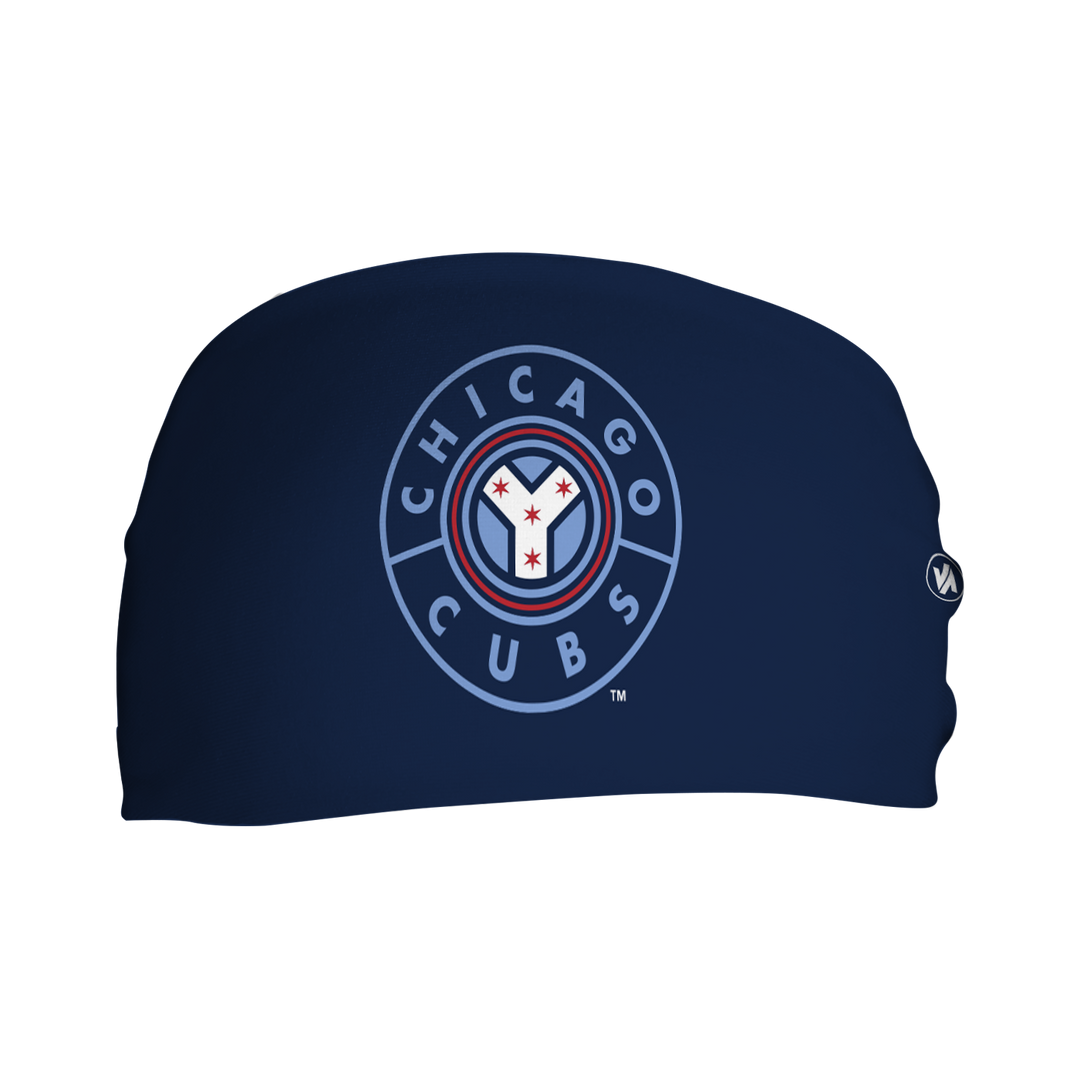 Front view of MLB Chicago Cubs  Navy headband with City Connect alt logo. Made in USA, Vertical Athletics brand.