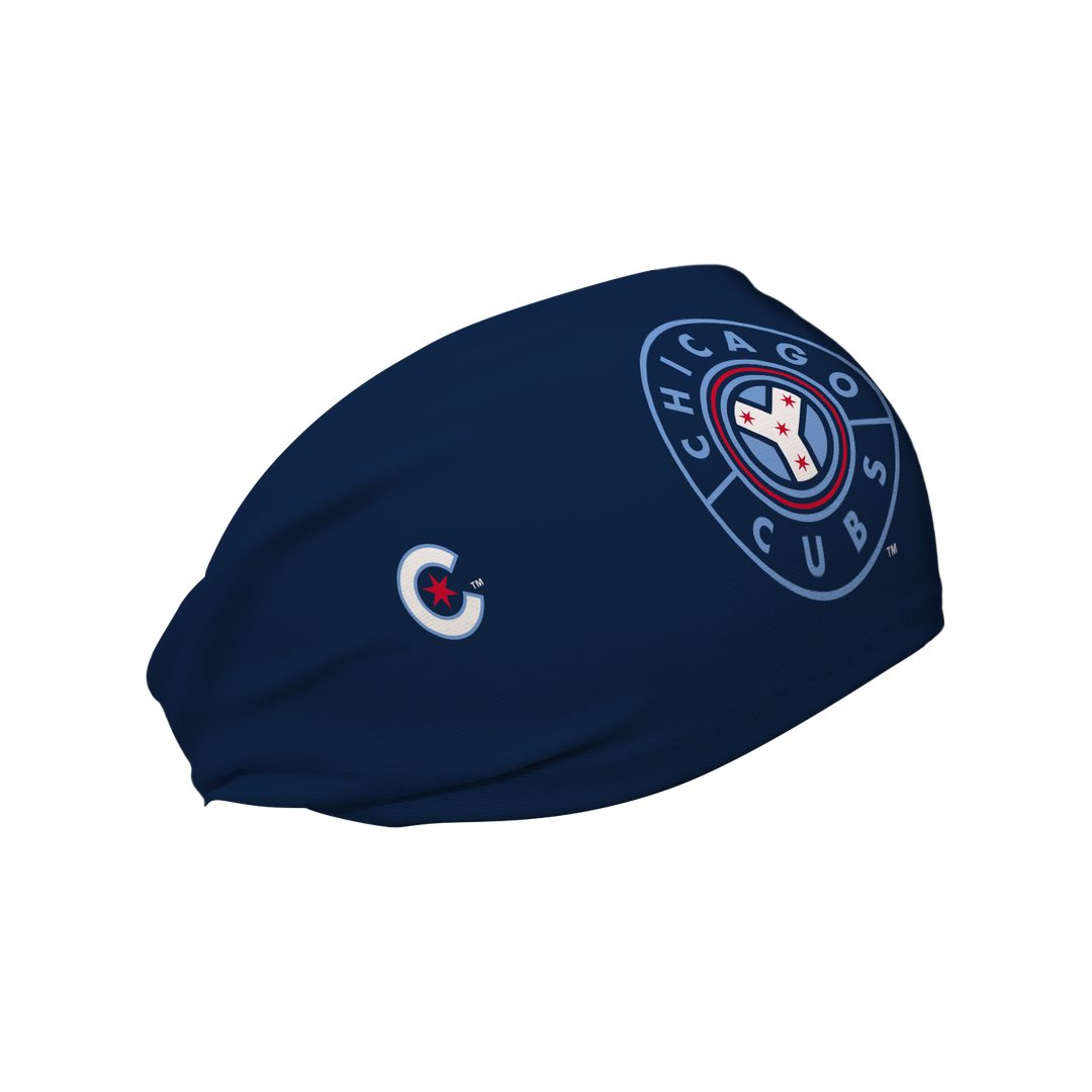 Side view of MLB Chicago Cubs  Navy headband with City Connect alt logo. Made in USA, Vertical Athletics brand. 