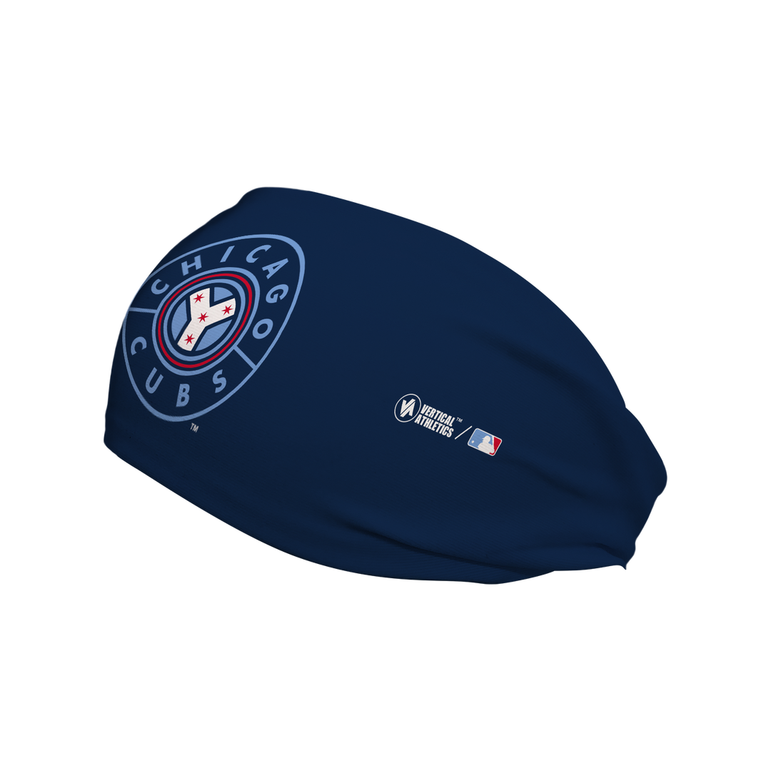 Side view of MLB Chicago Cubs  Navy headband with City Connect alt logo. Made in USA, Vertical Athletics brand. 