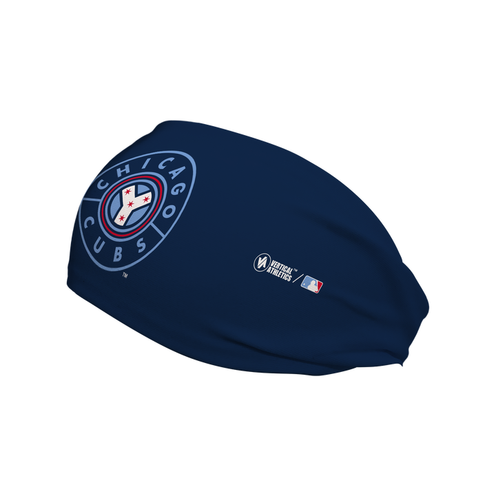 Side view of MLB Chicago Cubs  Navy headband with City Connect alt logo. Made in USA, Vertical Athletics brand. 