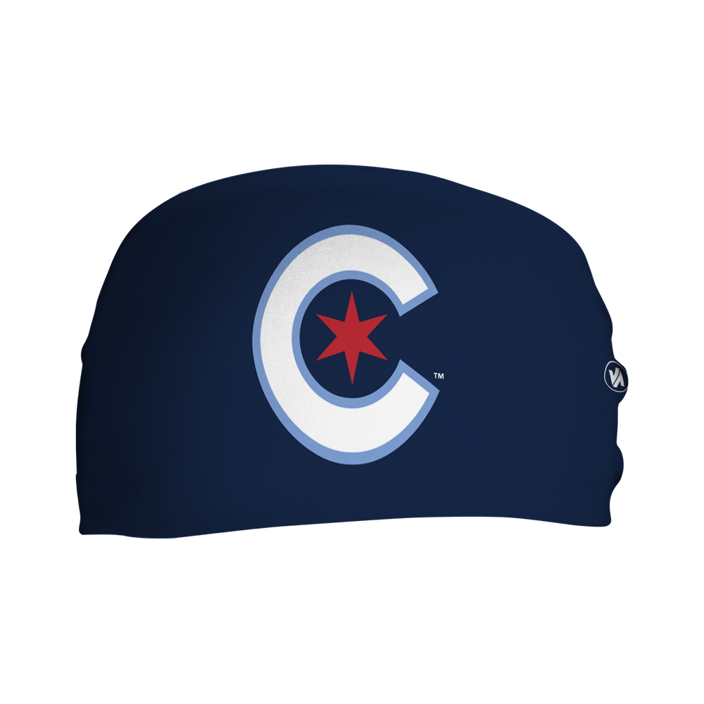 Front view of MLB Chicago Cubs city connect navy headband with cap logo. Made in USA, Vertical Athletics brand. 