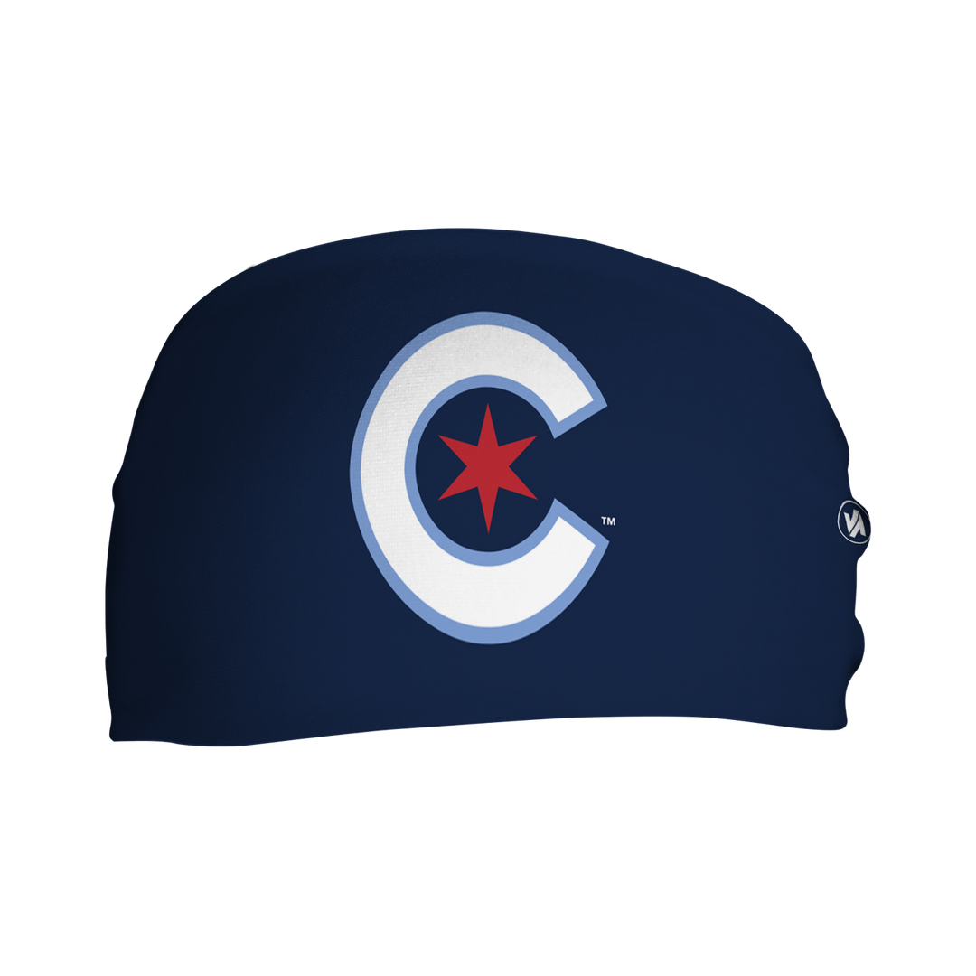 Front view of MLB Chicago Cubs city connect navy headband with cap logo. Made in USA, Vertical Athletics brand. 