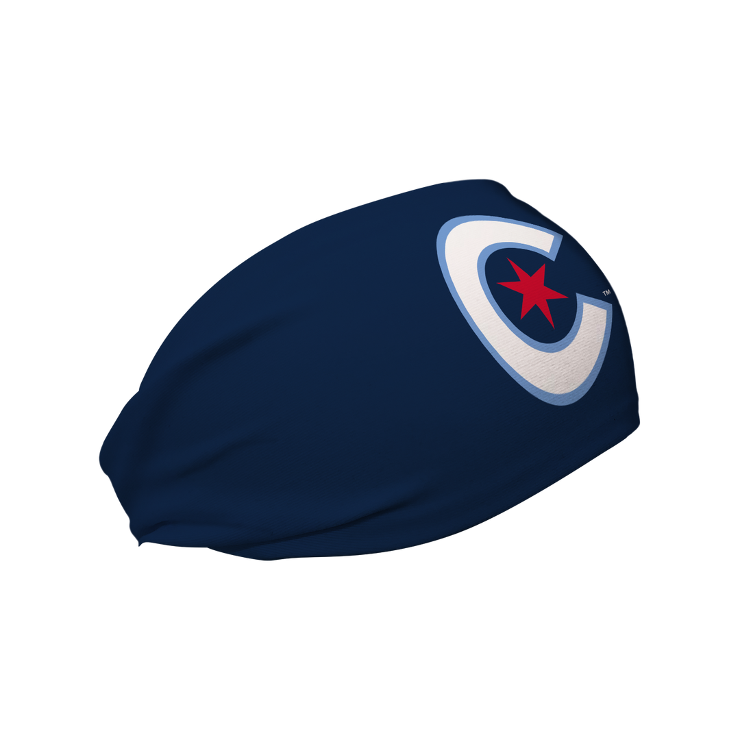 Side view of MLB Chicago Cubs city connect navy headband with cap logo. Made in USA, Vertical Athletics brand.