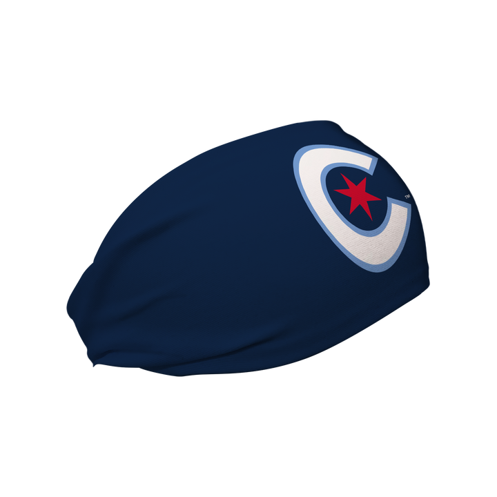 Side view of MLB Chicago Cubs city connect navy headband with cap logo. Made in USA, Vertical Athletics brand.