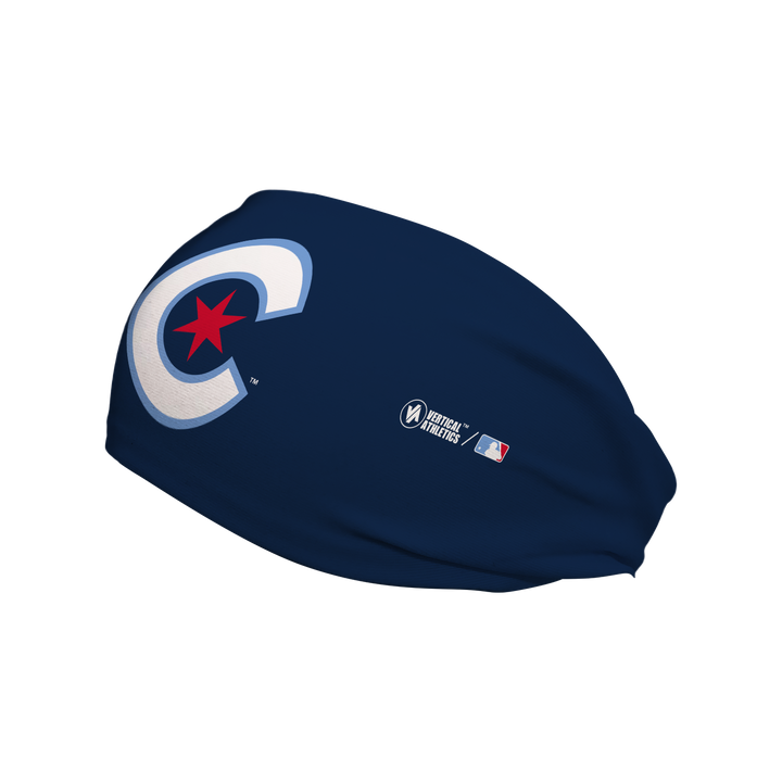 Side view of MLB Chicago Cubs city connect navy headband with cap logo. Made in USA, Vertical Athletics brand. 