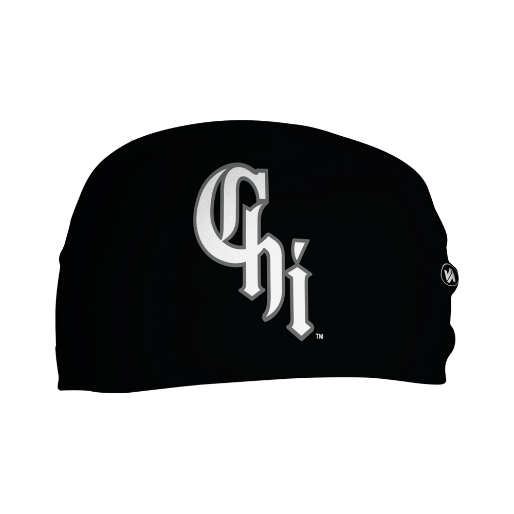 Front view of MLB Chicago White Sox black headband with City Connect cap logo. Made in USA, Vertical Athletics brand. 