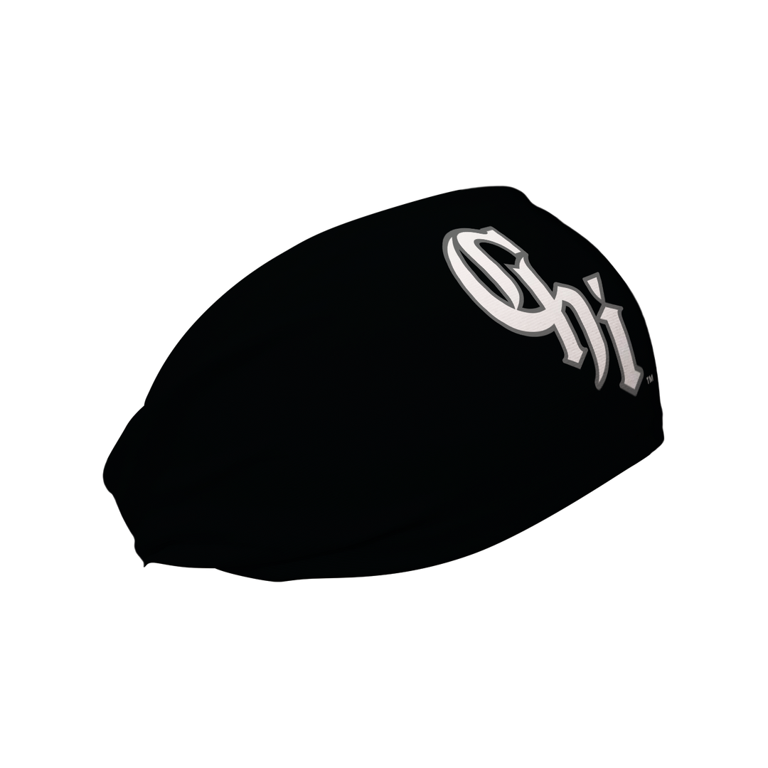 Side view of MLB Chicago White Sox black headband with City Connect cap logo. Made in USA, Vertical Athletics brand. 