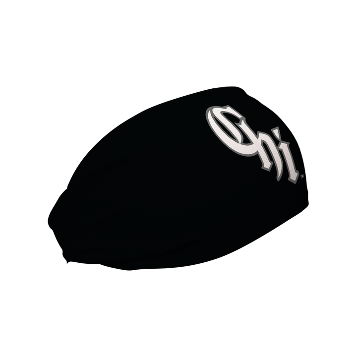 Side view of MLB Chicago White Sox black headband with City Connect cap logo. Made in USA, Vertical Athletics brand. 