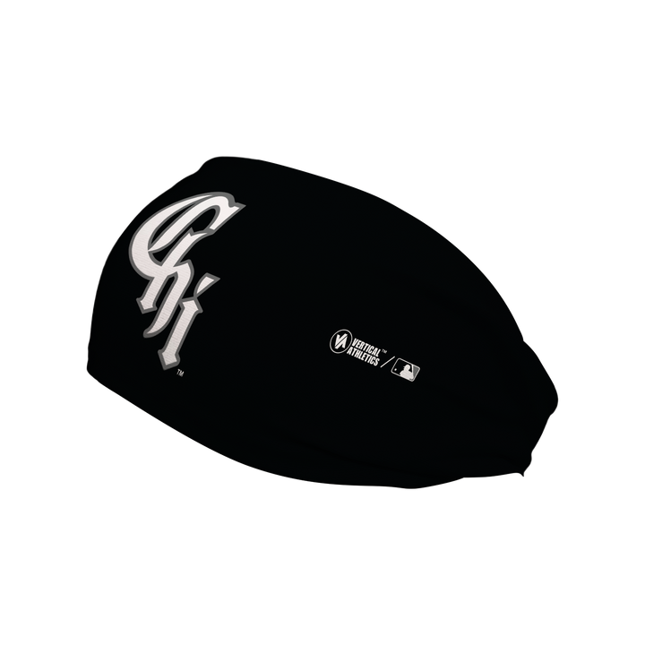 Side view of MLB Chicago White Sox black headband with City Connect cap logo. Made in USA, Vertical Athletics brand. 