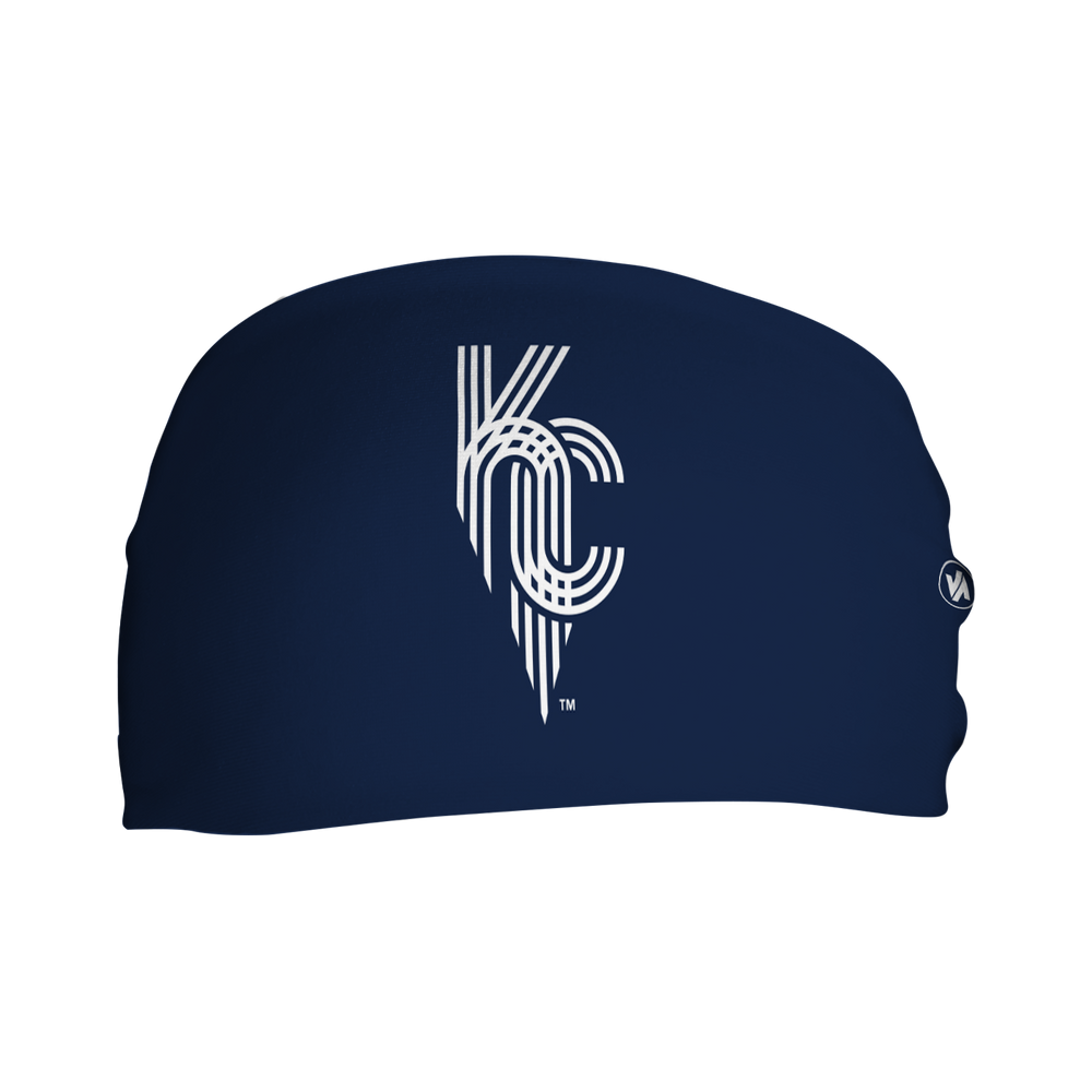  Front view of MLB Kansas City Royals city connect navy headband with cap logo. Made in USA, Vertical Athletics brand. 