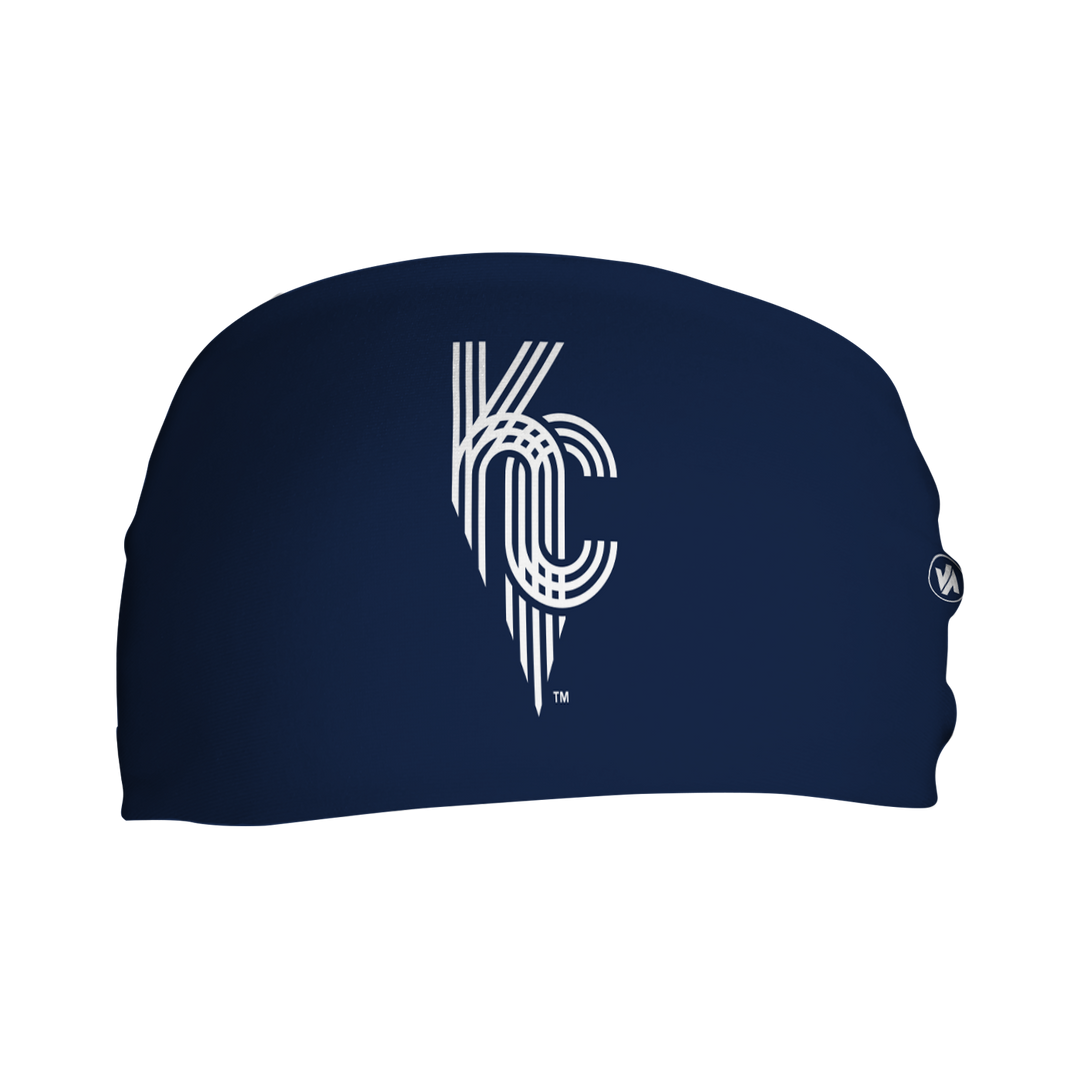  Front view of MLB Kansas City Royals city connect navy headband with cap logo. Made in USA, Vertical Athletics brand. 