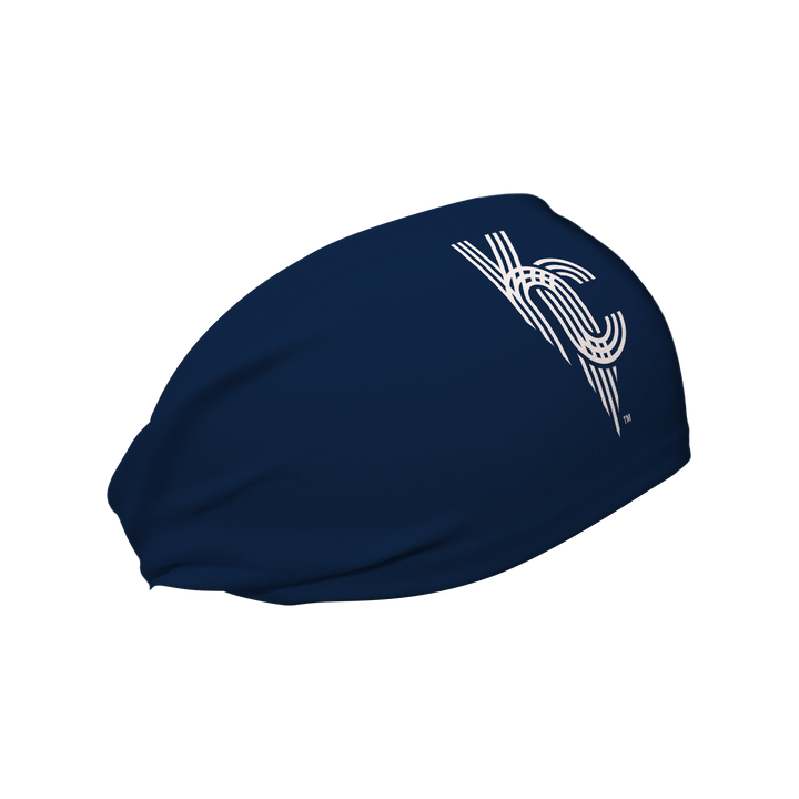 Side view of MLB Kansas City Royals city connect navy headband with cap logo. Made in USA, Vertical Athletics brand. 