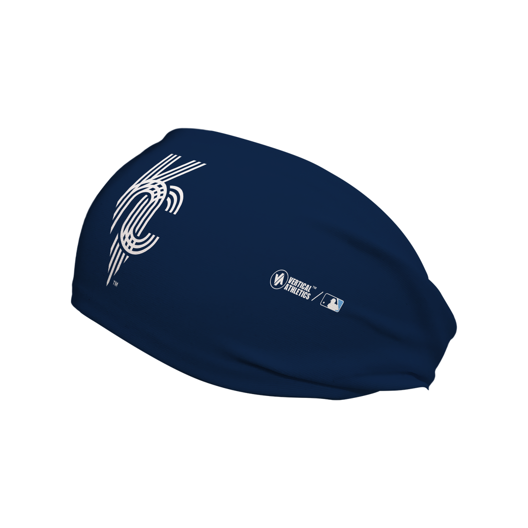 Side view of MLB Kansas City Royals city connect navy headband with cap logo. Made in USA, Vertical Athletics brand. 