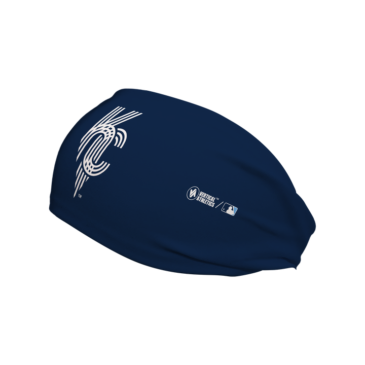 Side view of MLB Kansas City Royals city connect navy headband with cap logo. Made in USA, Vertical Athletics brand. 