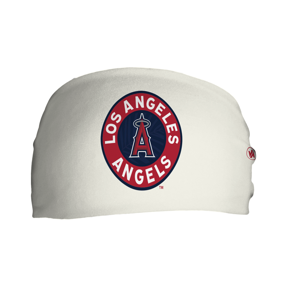 Front view of Los Angeles Angels cream headband with Alt Logo. Made in USA, Vertical Athletics brand. 