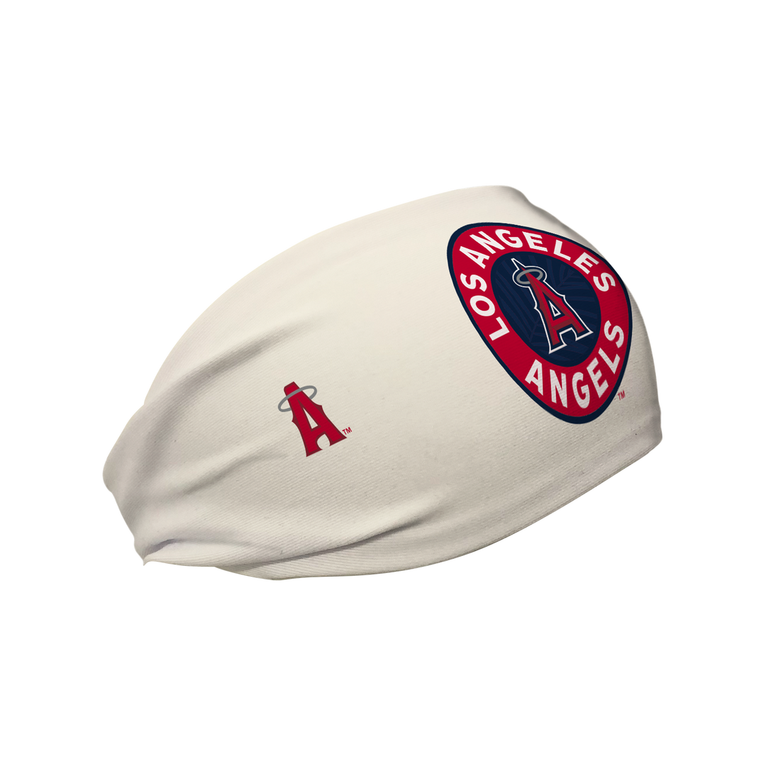 Side view of Los Angeles Angels cream headband with Alt Logo. Made in USA, Vertical Athletics brand.  