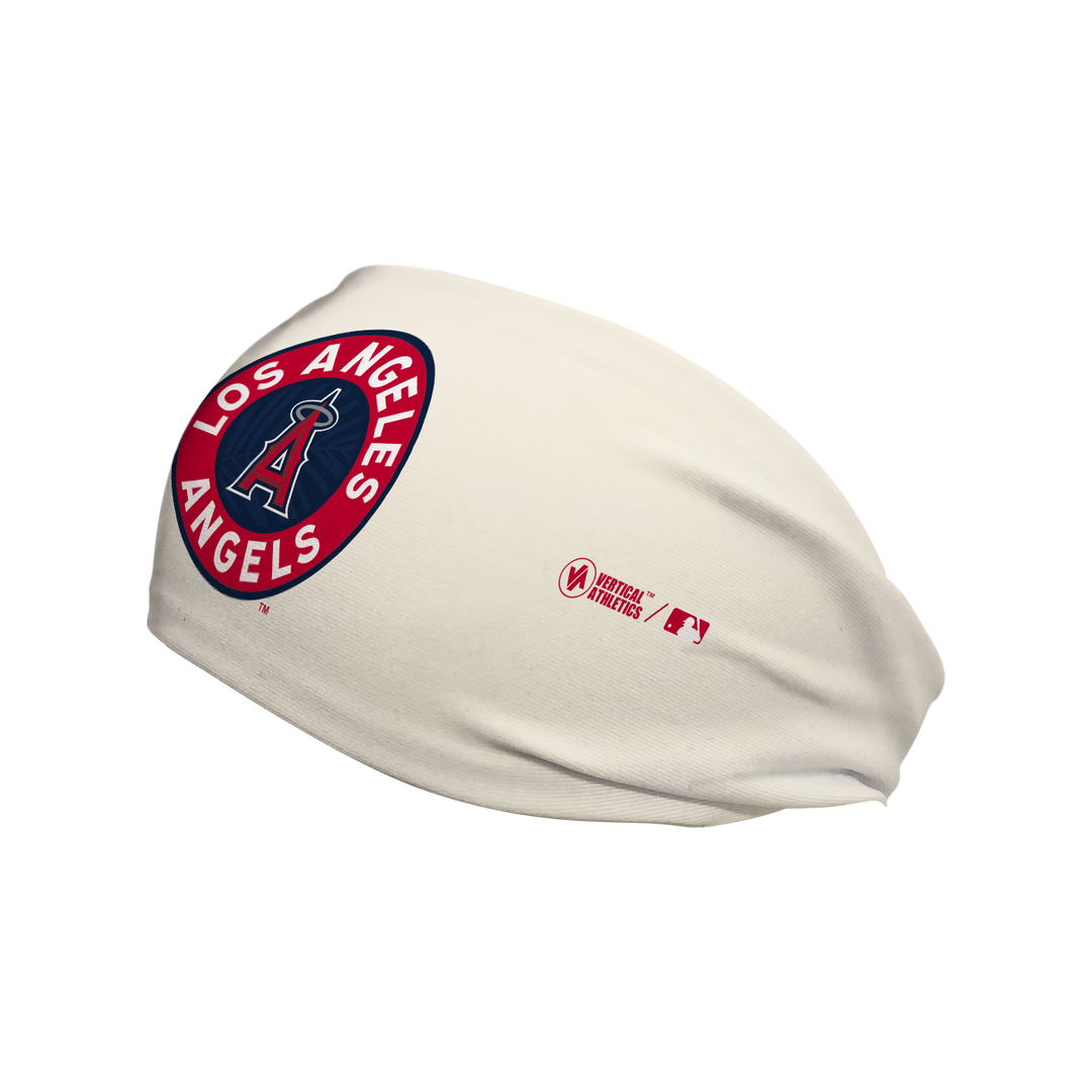 Side view of Los Angeles Angels cream headband with Alt Logo. Made in USA, Vertical Athletics brand.  