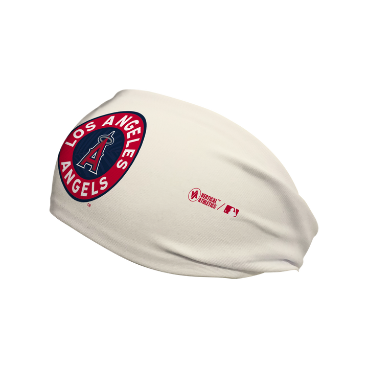 Side view of Los Angeles Angels cream headband with Alt Logo. Made in USA, Vertical Athletics brand.  