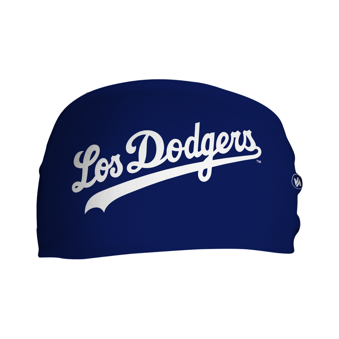 Front view of MLB Los Angeles Dodgers City Connect dark blue headband with alt logo. Made in USA, Vertical Athletics brand. 
