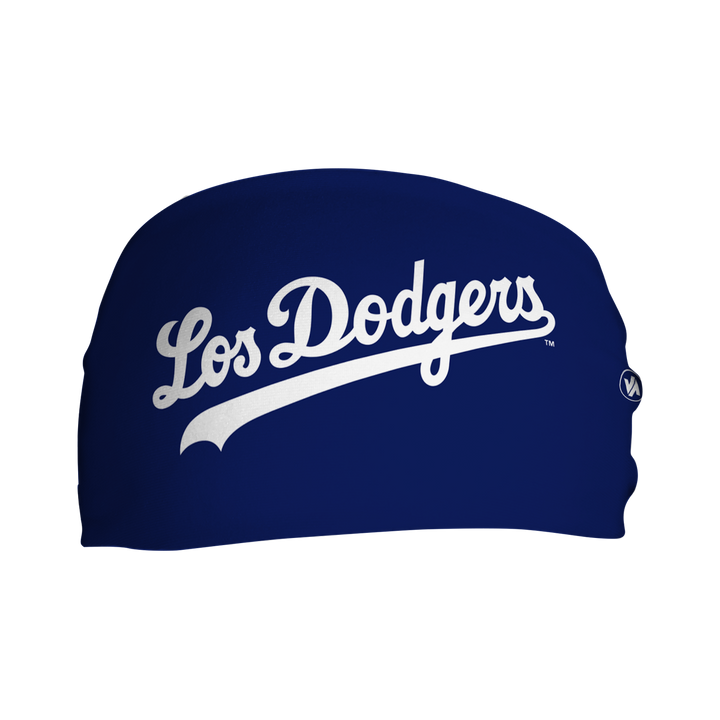 Front view of MLB Los Angeles Dodgers City Connect dark blue headband with alt logo. Made in USA, Vertical Athletics brand. 