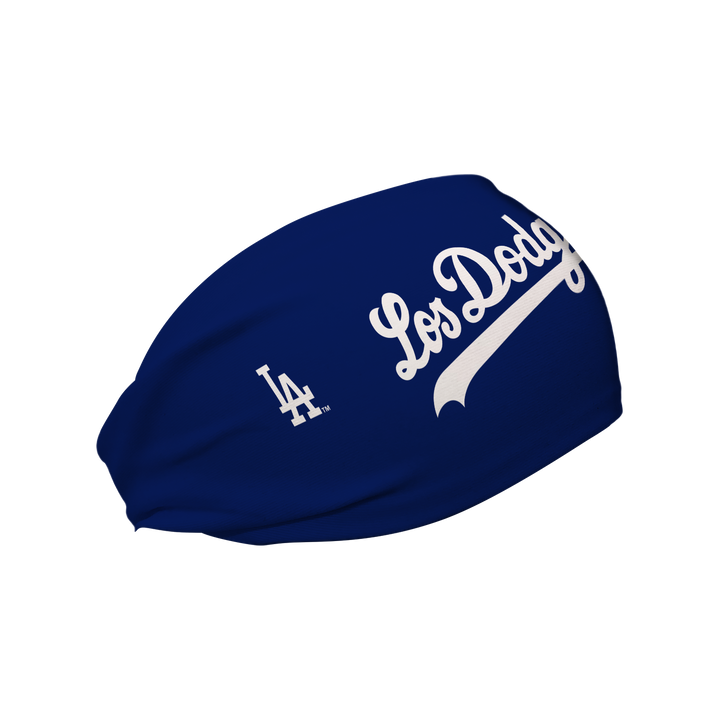 Side view of MLB Los Angeles Dodgers City Connect dark blue headband with alt logo. Made in USA, Vertical Athletics brand. 