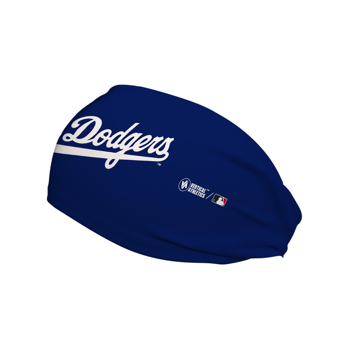 Side view of MLB Los Angeles Dodgers City Connect dark blue headband with alt logo. Made in USA, Vertical Athletics brand. 