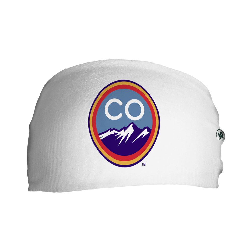 Front view of MLB Colorado Rockies city connect white headband with cap logo. Made in USA, Vertical Athletics brand.