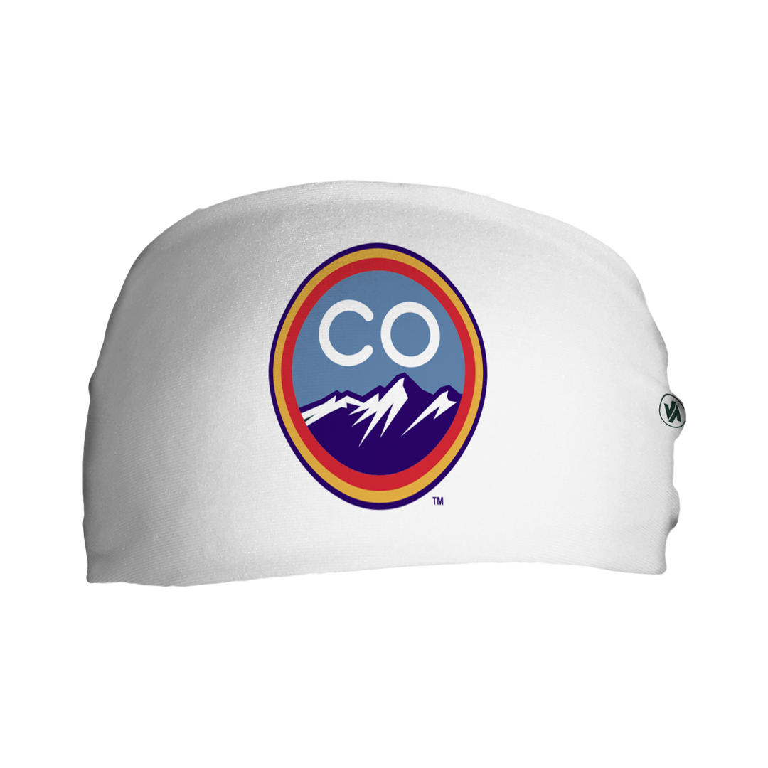 Front view of MLB Colorado Rockies city connect white headband with cap logo. Made in USA, Vertical Athletics brand.