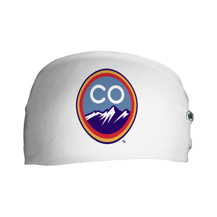 Front view of MLB Colorado Rockies city connect white headband with cap logo. Made in USA, Vertical Athletics brand.