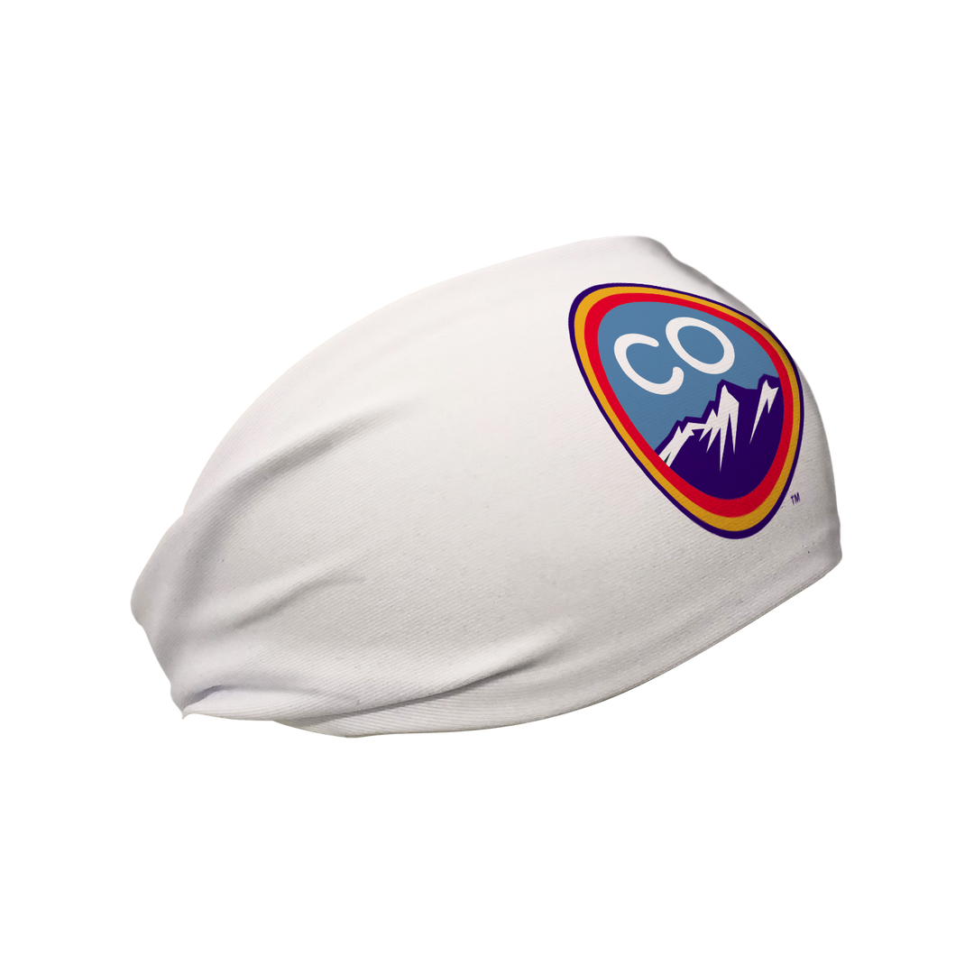 Side view MLB  of Colorado Rockies city connect white headband with cap logo. Made in USA, Vertical Athletics brand.  