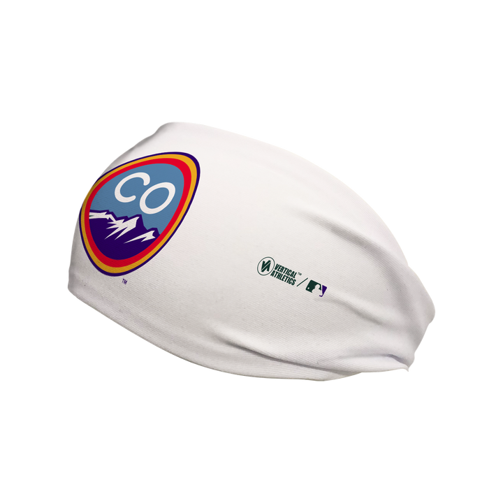 Side view MLB of Colorado Rockies city connect white headband with cap logo. Made in USA, Vertical Athletics brand.