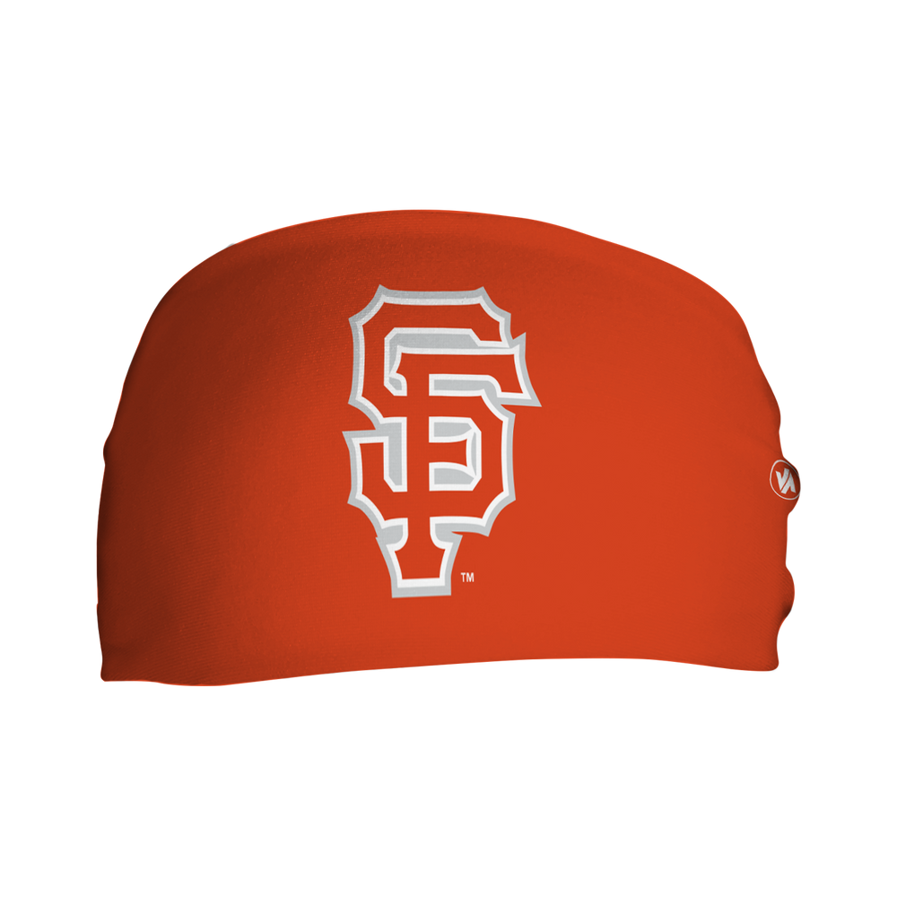Front view of MLB San Francisco Giants city connect orange  headband with cap logo. Made in USA, Vertical Athletics brand. 