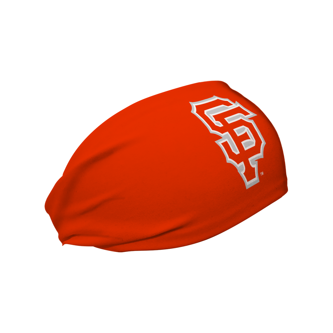 Side view of MLB San Francisco Giants city connect orange  headband with cap logo. Made in USA, Vertical Athletics brand. 