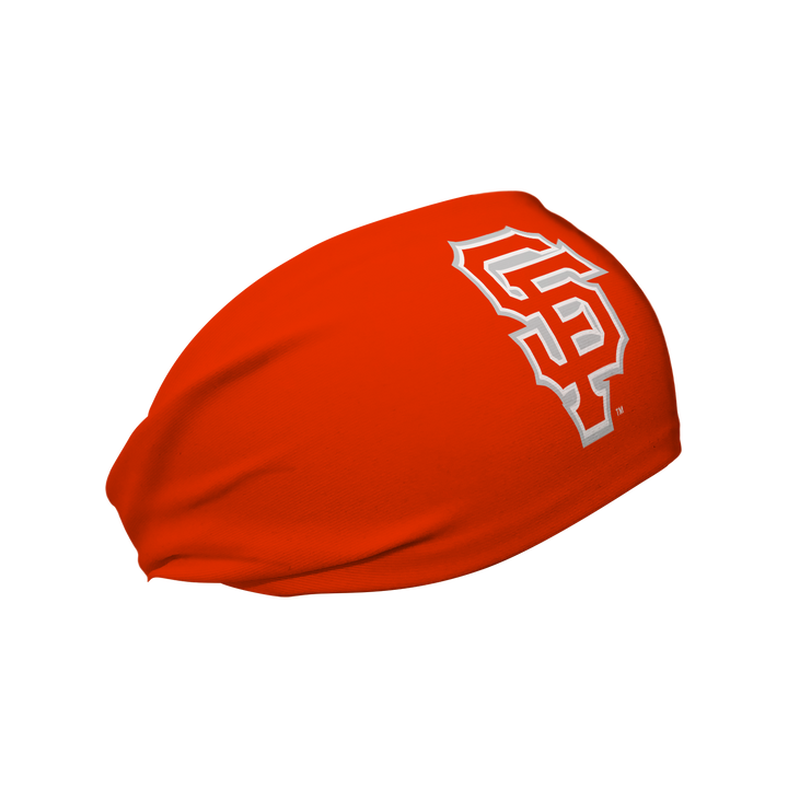 Side view of MLB San Francisco Giants city connect orange  headband with cap logo. Made in USA, Vertical Athletics brand. 