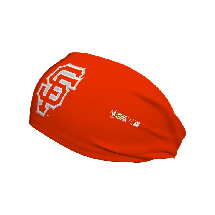 Side view of MLB San Francisco Giants city connect orange  headband with cap logo. Made in USA, Vertical Athletics brand. 