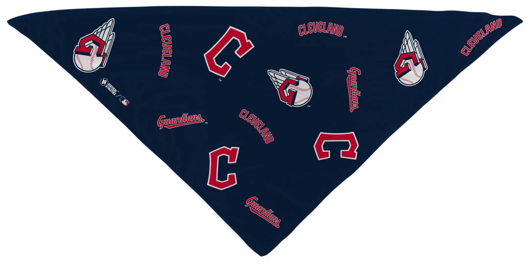 MLB Cleveland Guardians cooling triangle bandana with team logo all over. Made in USA, Vertical Athletics brand.