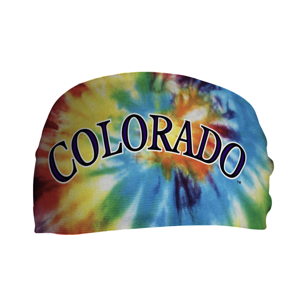 Side view of Colorado Rockies Tie-Dye headband with wordmark logo. Made in USA, Vertical Athletics brand. 