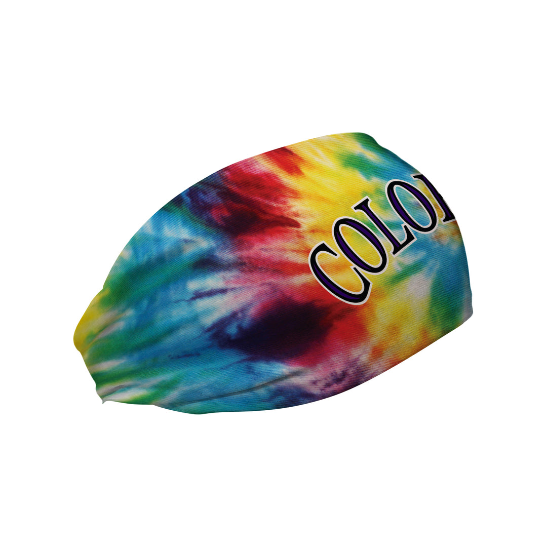 Side view of Colorado Rockies Tie-Dye headband with wordmark logo. Made in USA, Vertical Athletics brand. 