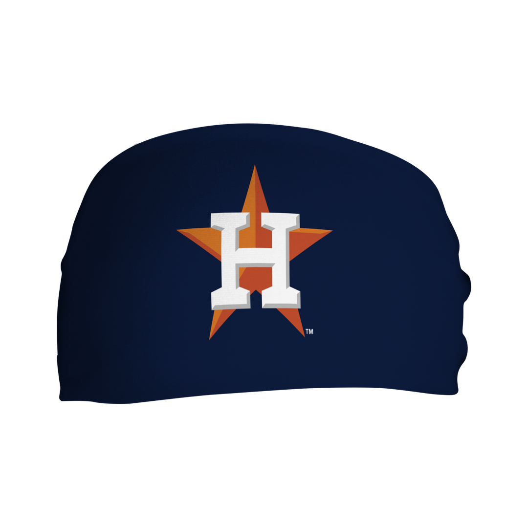 Side view of Huston Astros Navy headband with Cap Logo. Made in USA, Vertical Athletics brand. 