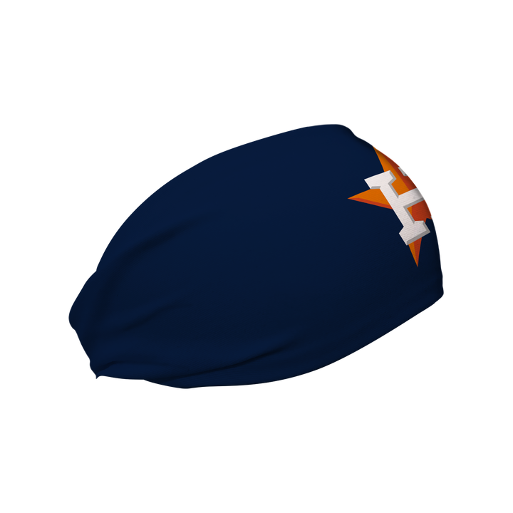 Side view of Huston Astros Navy headband with Cap Logo. Made in USA, Vertical Athletics brand. 