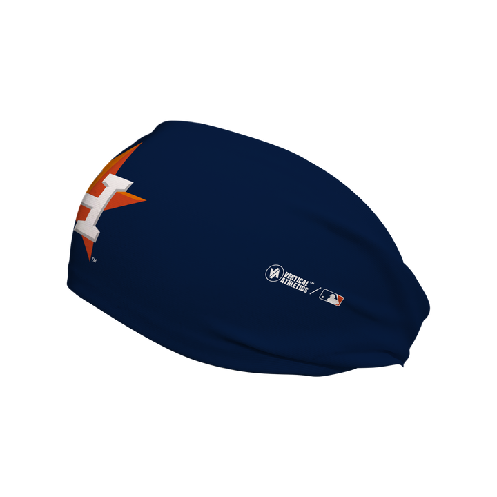 Side view of Huston Astros Navy headband with Cap Logo. Made in USA, Vertical Athletics brand. 