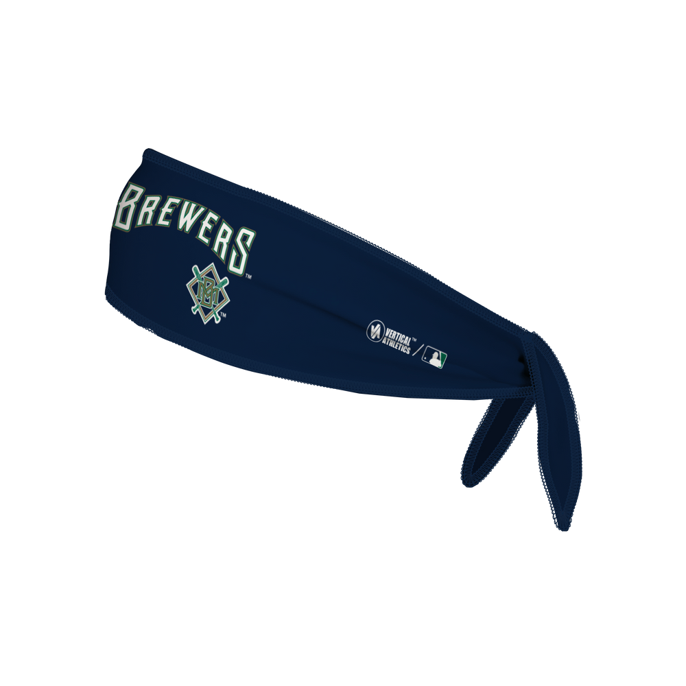 Side view of MLB Milwaukee Brewers navy Tie-Back Cooling Headband with coop wordmark logo . Made in USA, Vertical  Athletics brand.  