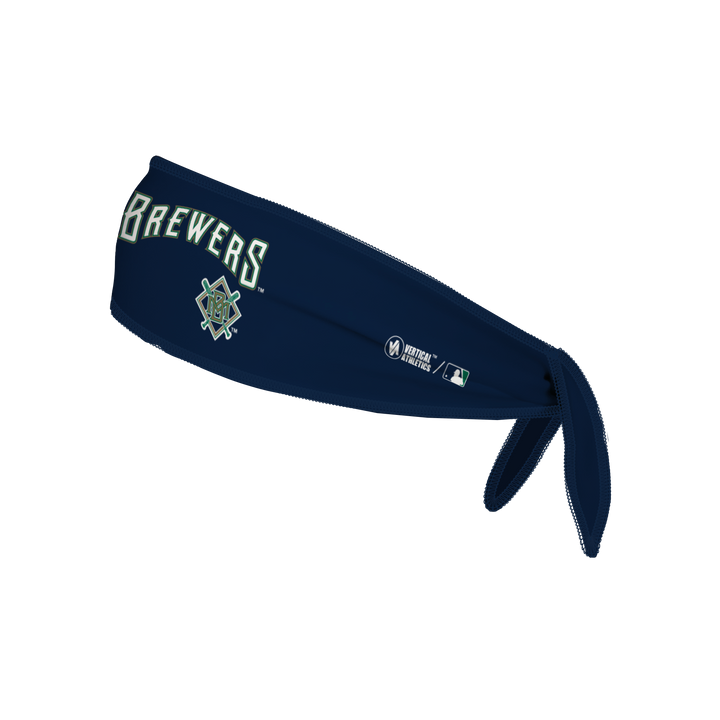 Side view of MLB Milwaukee Brewers navy Tie-Back Cooling Headband with coop wordmark logo . Made in USA, Vertical  Athletics brand.  