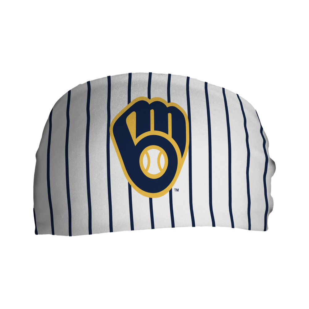 Front view of MLB Milwaukee Brewers Pinstripe headband with cap logo. Made in USA, Vertical Athletics brand.