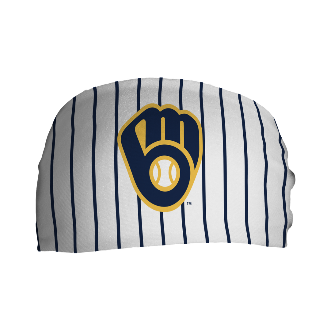 Front view of MLB Milwaukee Brewers Pinstripe headband with cap logo. Made in USA, Vertical Athletics brand.