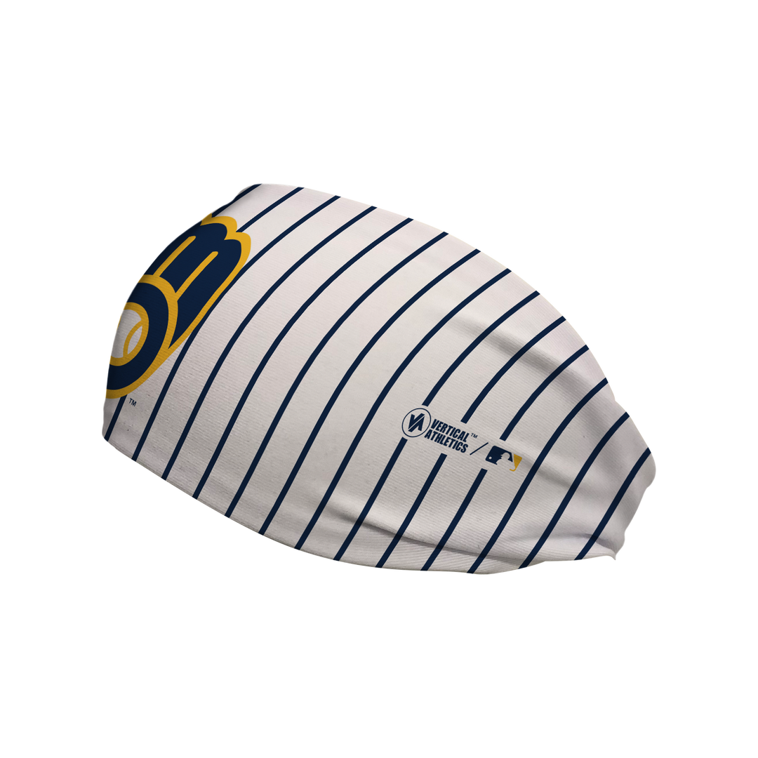 Side view of MLB Milwaukee Brewers Pinstripe headband with cap logo. Made in USA, Vertical Athletics brand.  