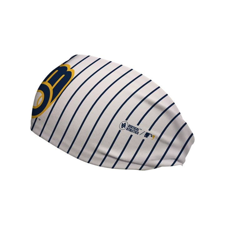 Side view of MLB Milwaukee Brewers Pinstripe headband with cap logo. Made in USA, Vertical Athletics brand.  